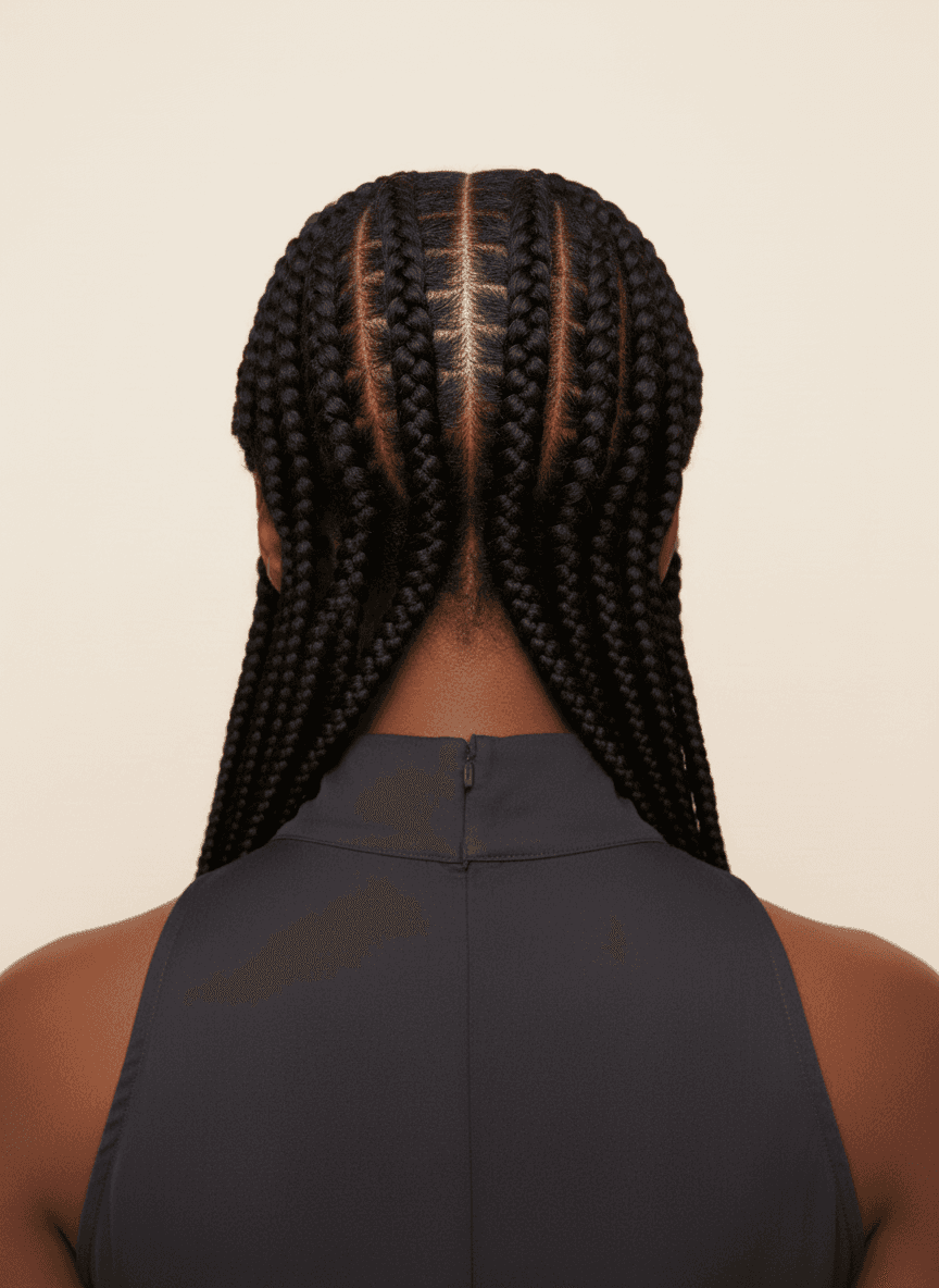 Black woman with precision stitch braids, close portrait — back