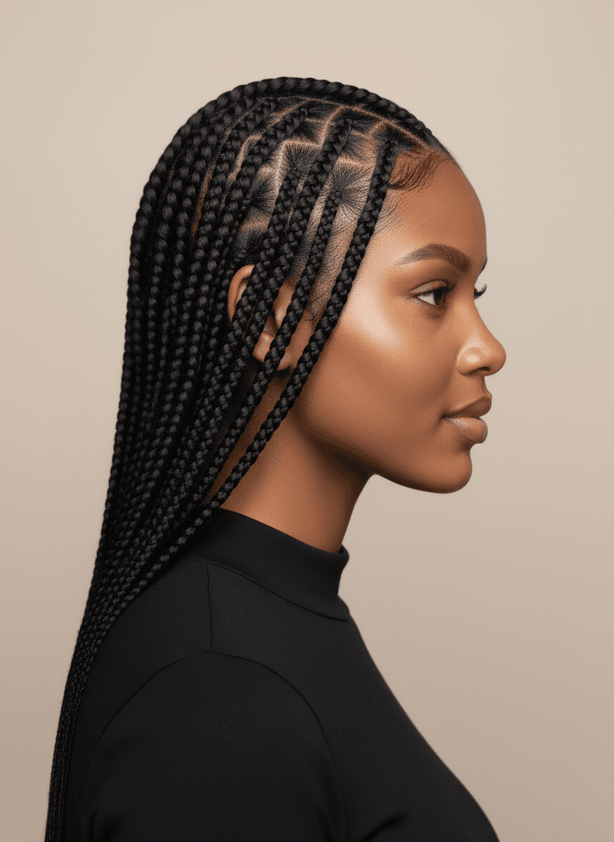 Black woman with feed-in braids, natural hairline transition — side