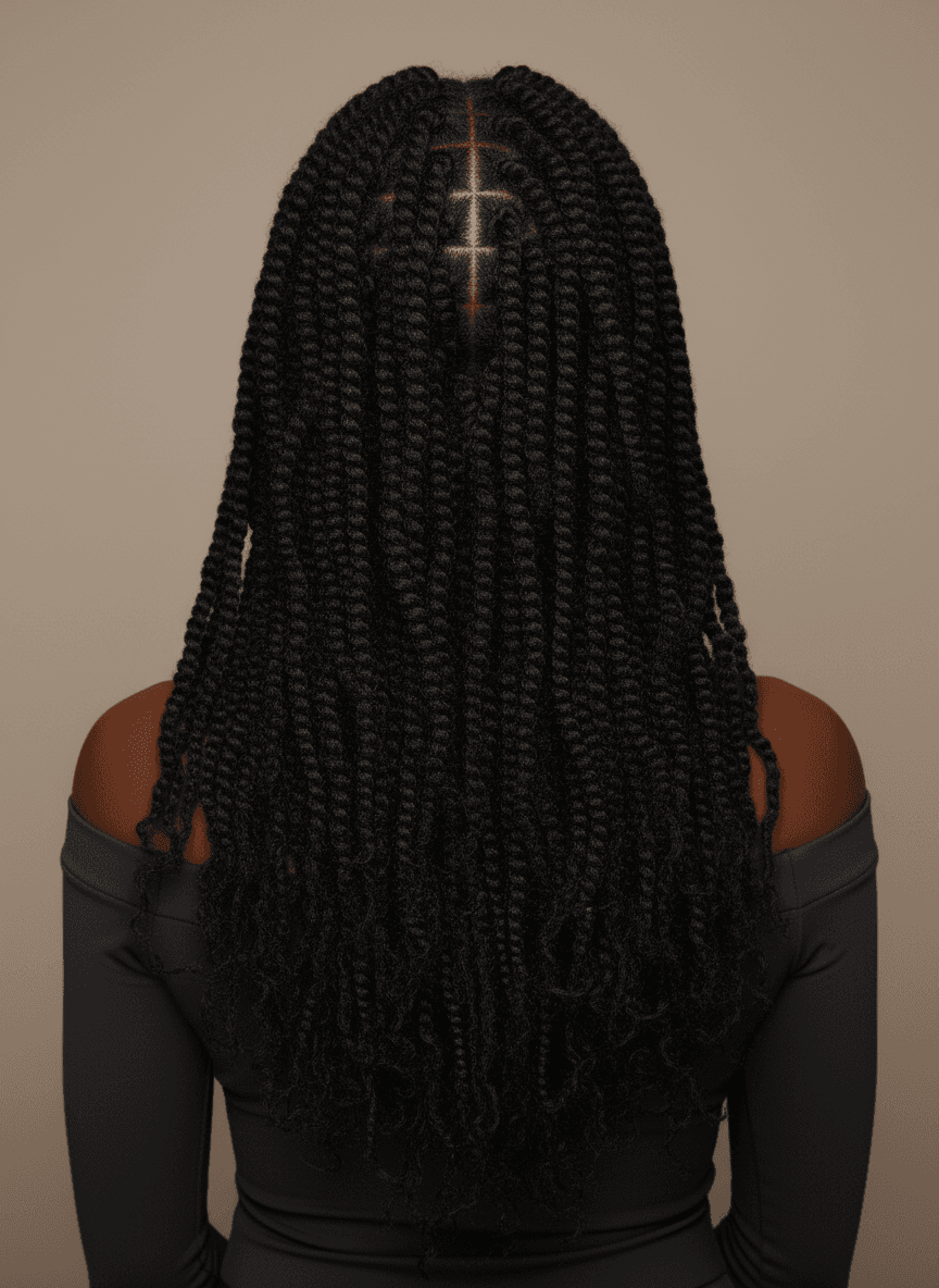 Black woman with fluffy twists, soft volume portrait — back