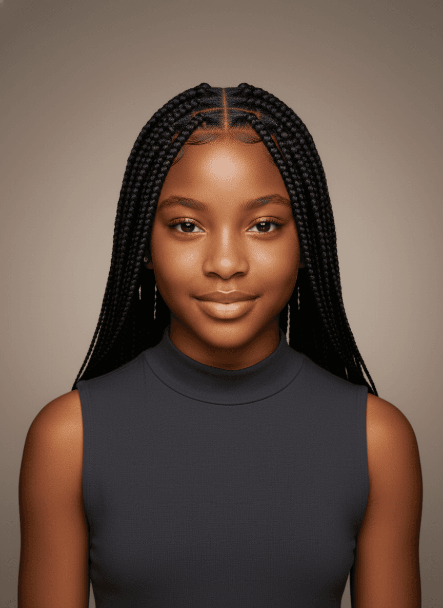 Young Black child with knotless braids, gentle portrait