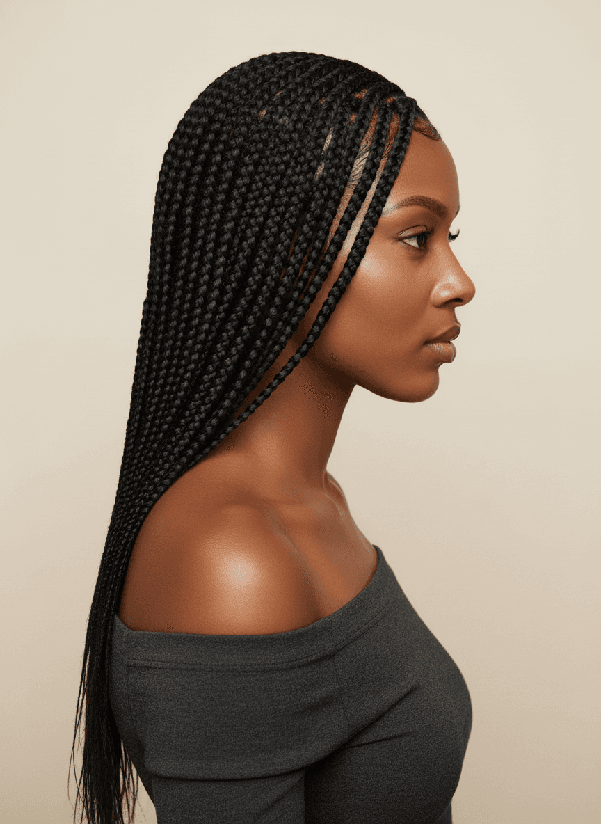 Black woman with side-swept lemonade braids, editorial portrait — side