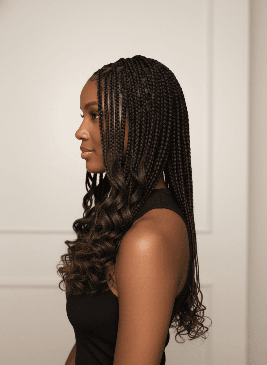 Black woman with boho knotless braids and curly accents — side