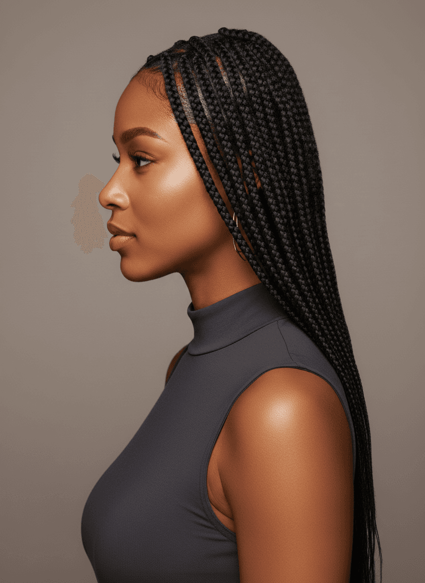 Black woman with small knotless braids, clean parts, studio portrait — side