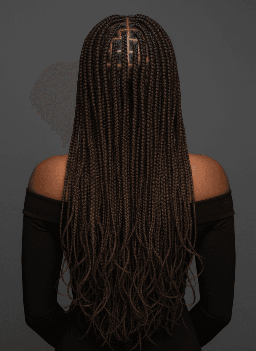 Black woman with soft distressed locs, editorial portrait — back