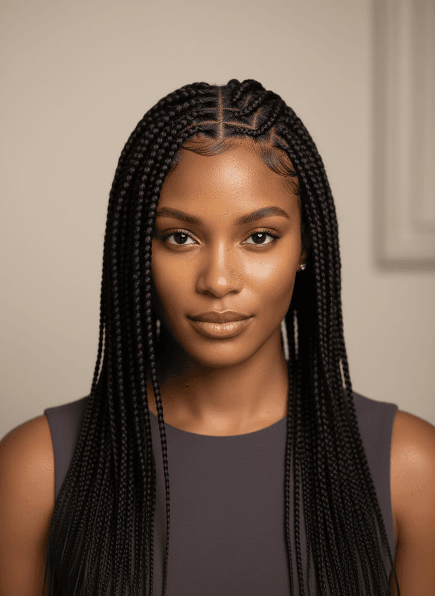 Black woman with Fulani-inspired braids and face-framing detail